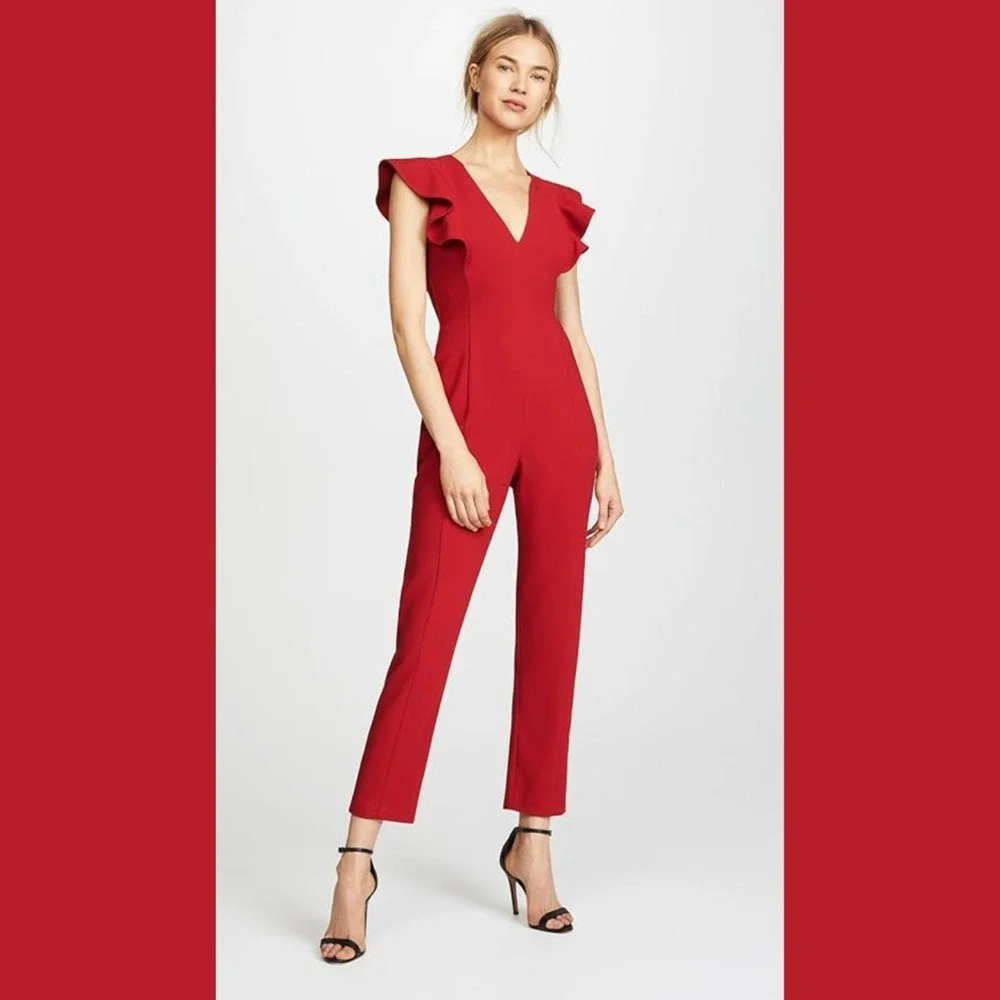 Black Halo Womens Size 8 Jumpsuit Red Ruffle Shoulder Formal Cocktail City Sleek